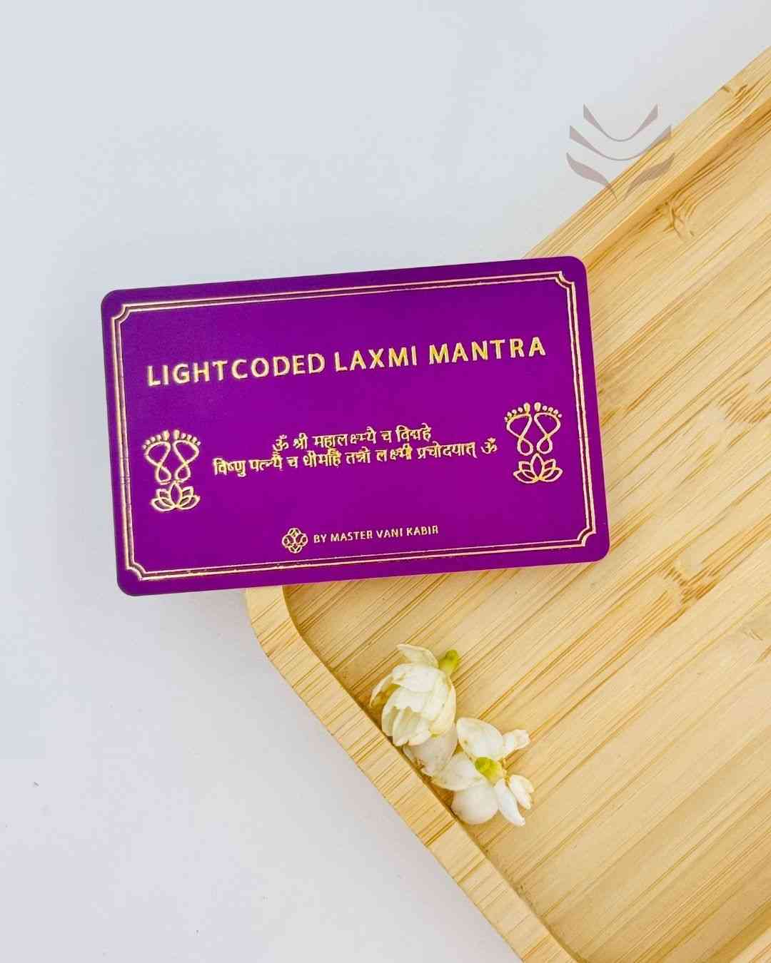 Light-Coded Laxmi Mantra Card on wooden tray