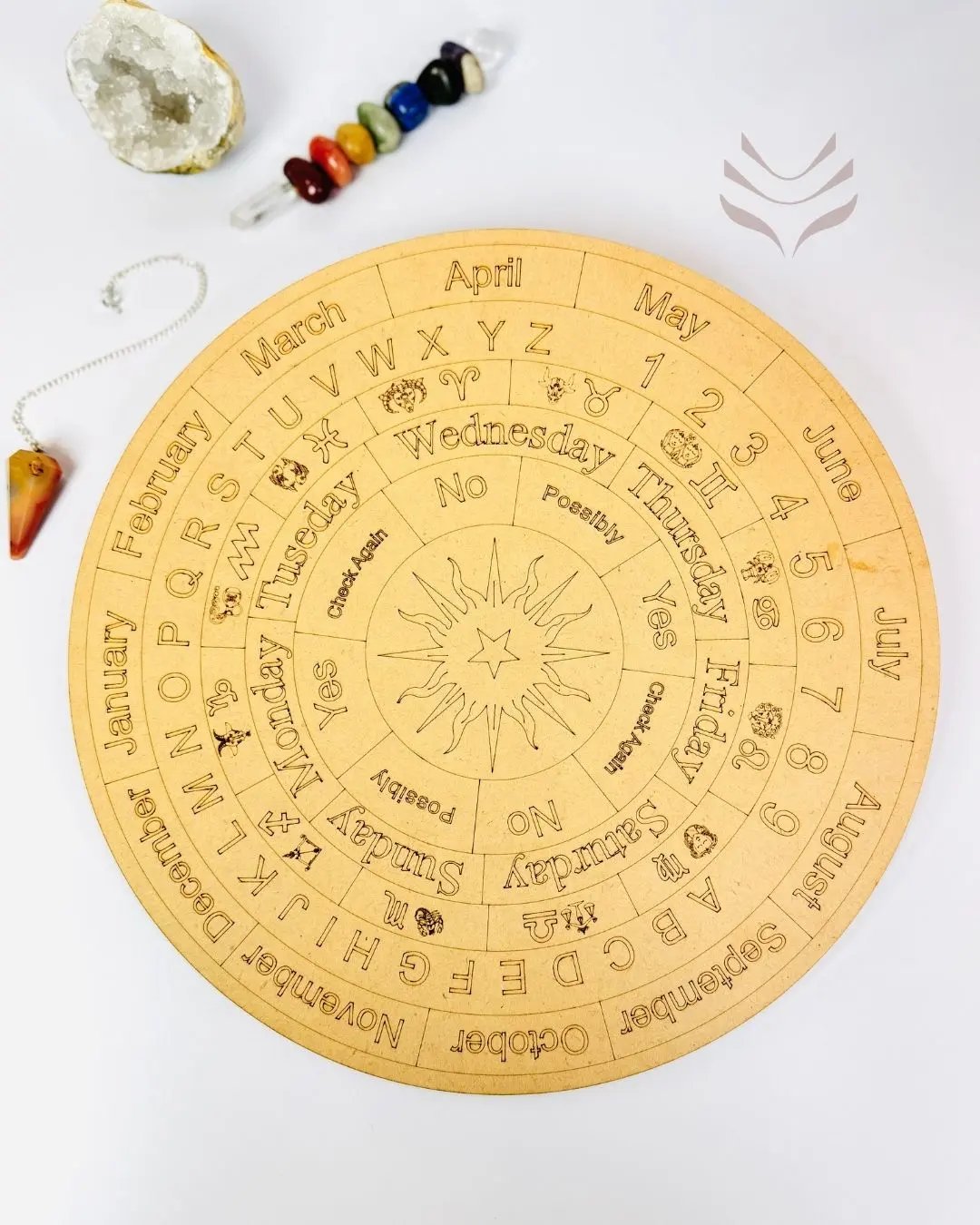 Light-Coded Pendulum Board with crystal pendulum and stones