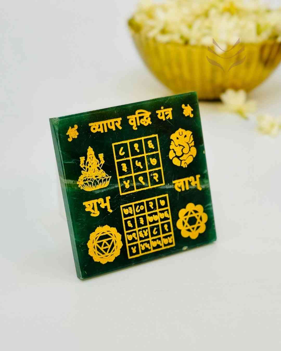 Green Aventurine Vyapar Vridhi Yantra with gold symbols