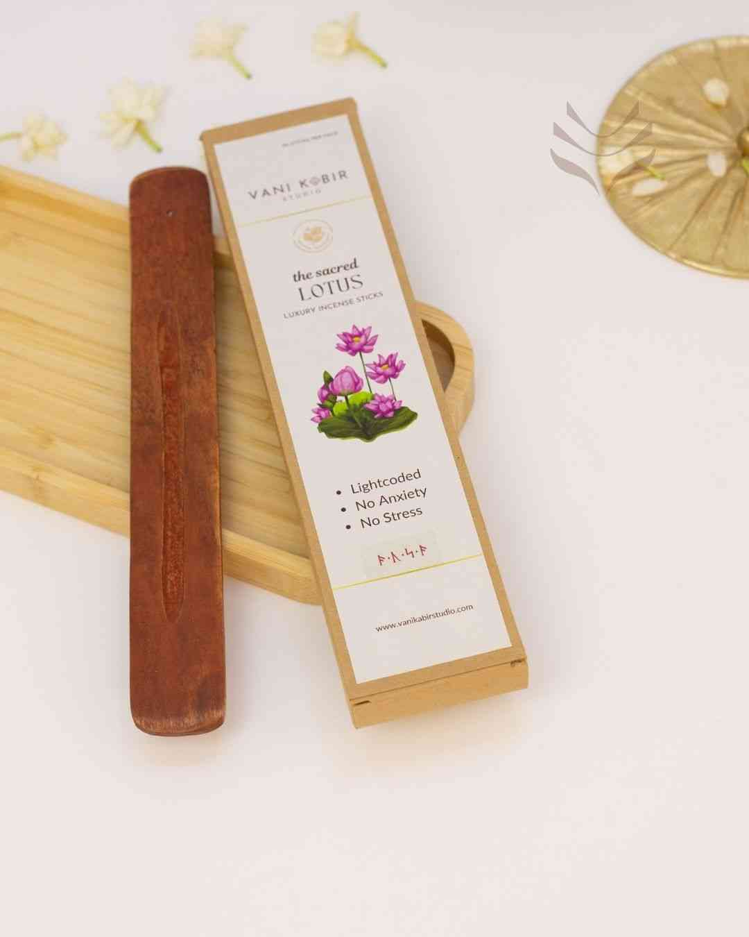 Lotus Luxury Incense Sticks with wooden holder and flowers