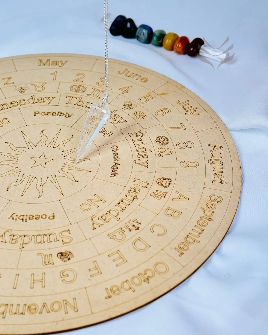 Crystal pendulum over Light-Coded Pendulum Board for clarity