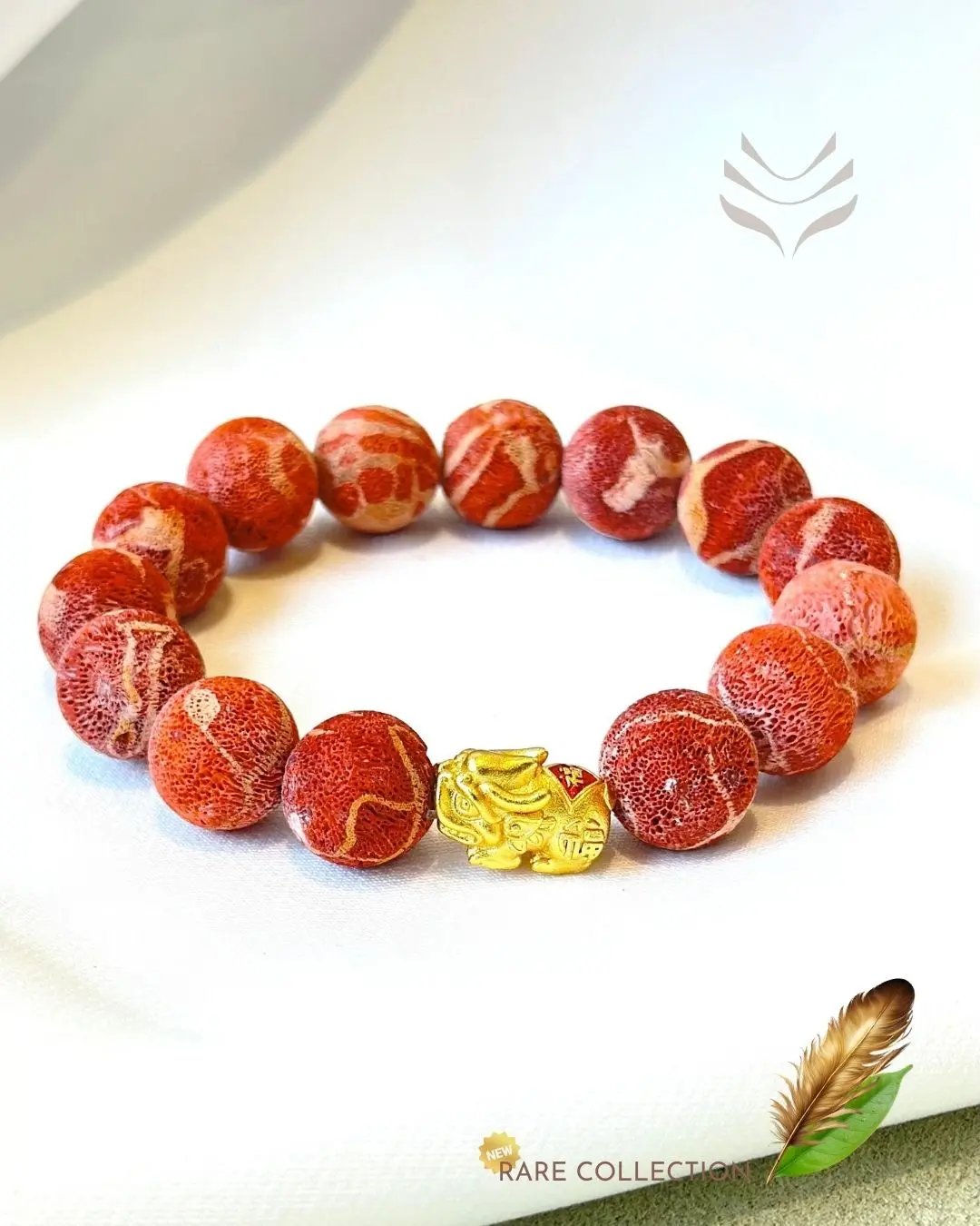 Light-Coded Raw Original Coral Bead Bracelet with gold charm
